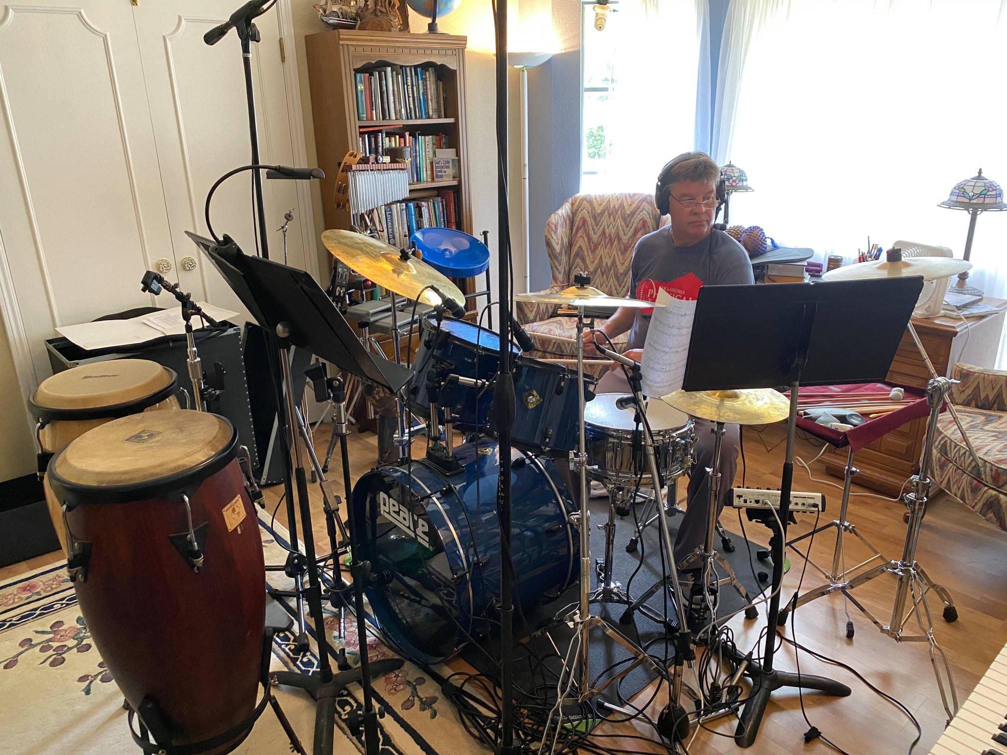 Drum kit and congas in the studio