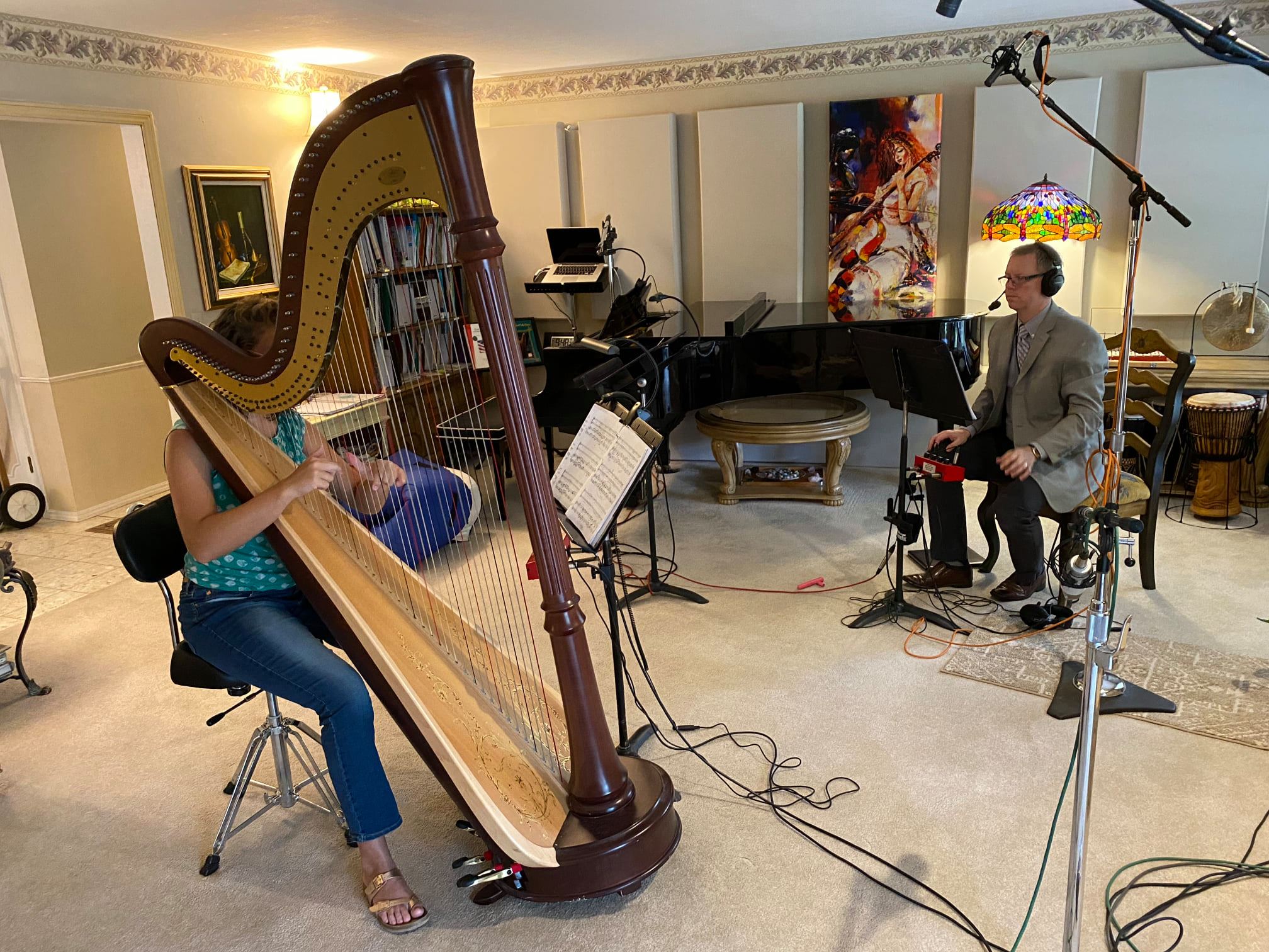 Harp set up for a session in the studio